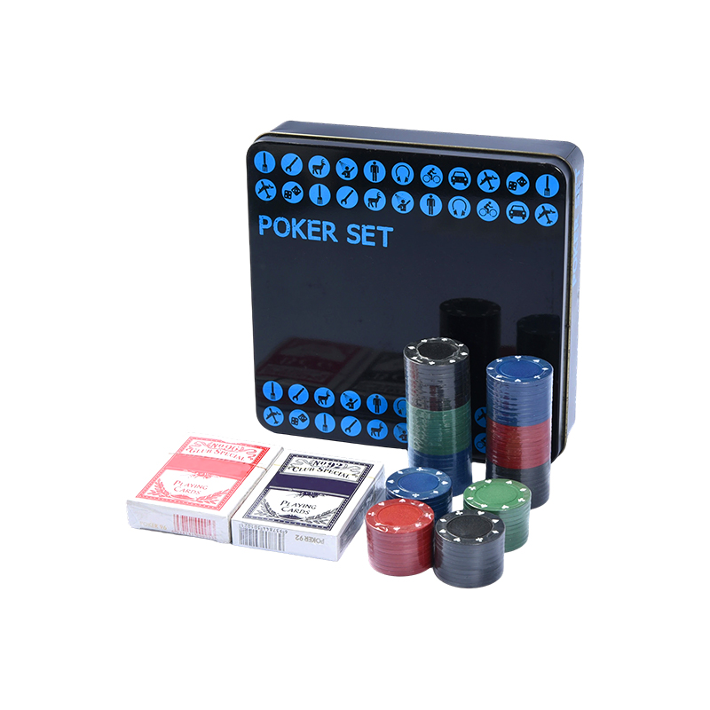 Svart pokerset i metallplåt – komplett med marker, kort och tillbehör