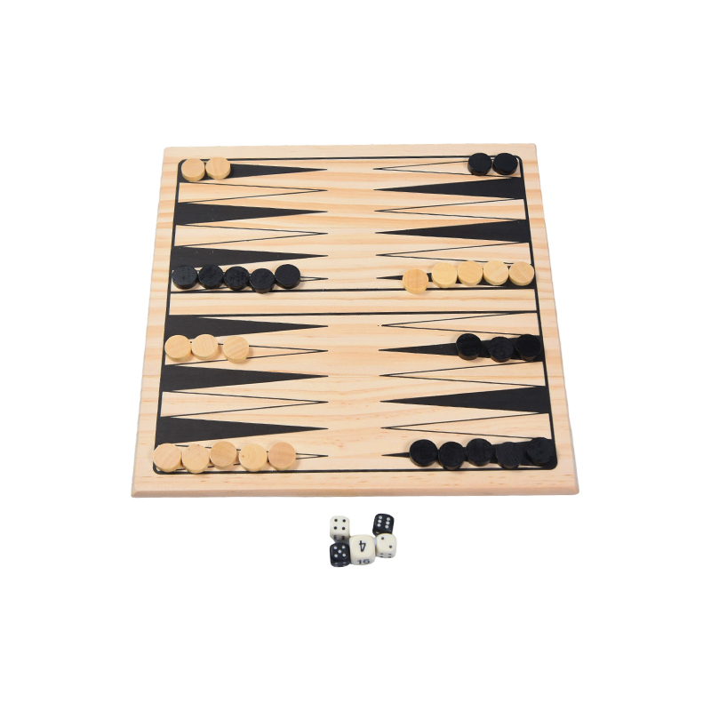 Träspelset med vintage och färgglada förpackningar Klassiskt backgammonbrädspel