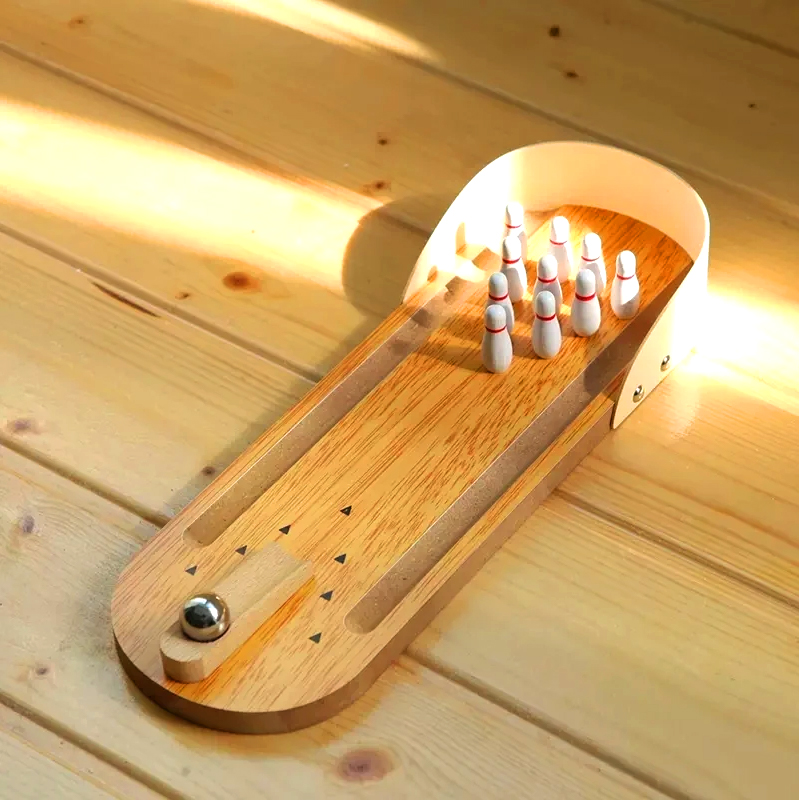 Kompakt träset med stålkula och stift Mini Desktop Bowlingspel