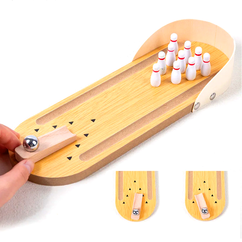 Kompakt träset med stålkula och stift Mini Desktop Bowlingspel