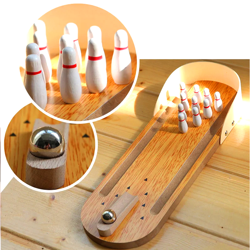 Kompakt träset med stålkula och stift Mini Desktop Bowlingspel
